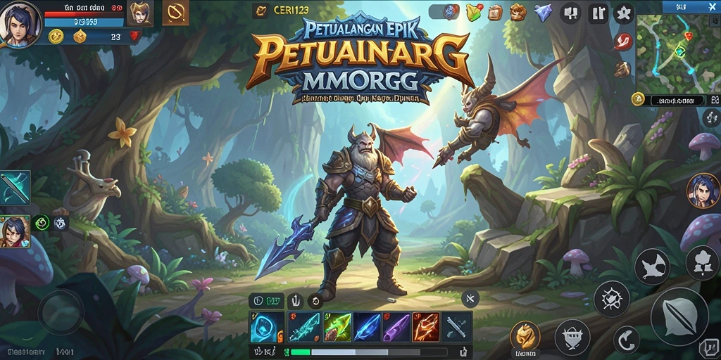 Screenshot gameplay CERI123 menampilkan pertempuran epik antara karakter dalam dunia fantasi.