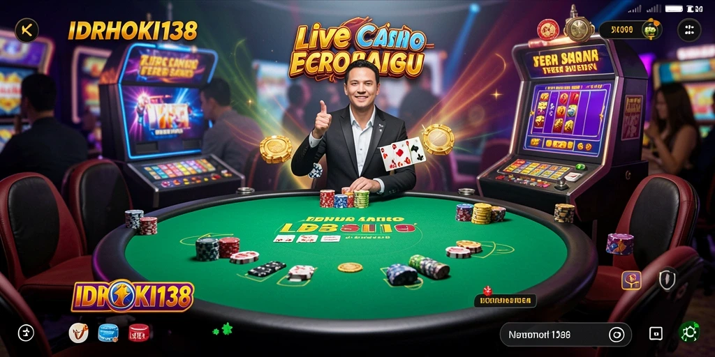 Screenshot gameplay IDRHOKI138 dengan dealer langsung dan suasana kasino.