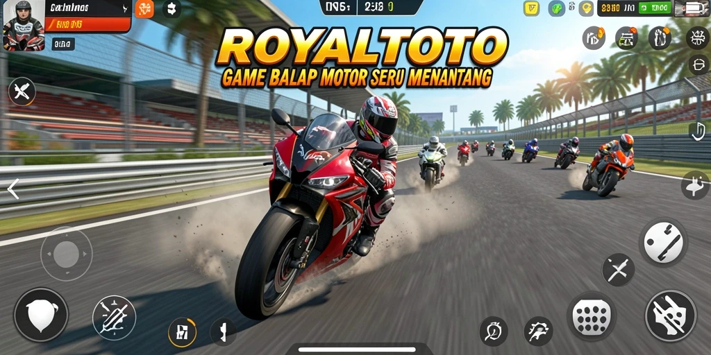 Tampilan gameplay seru dalam ROYALTOTO saat balapan motor.